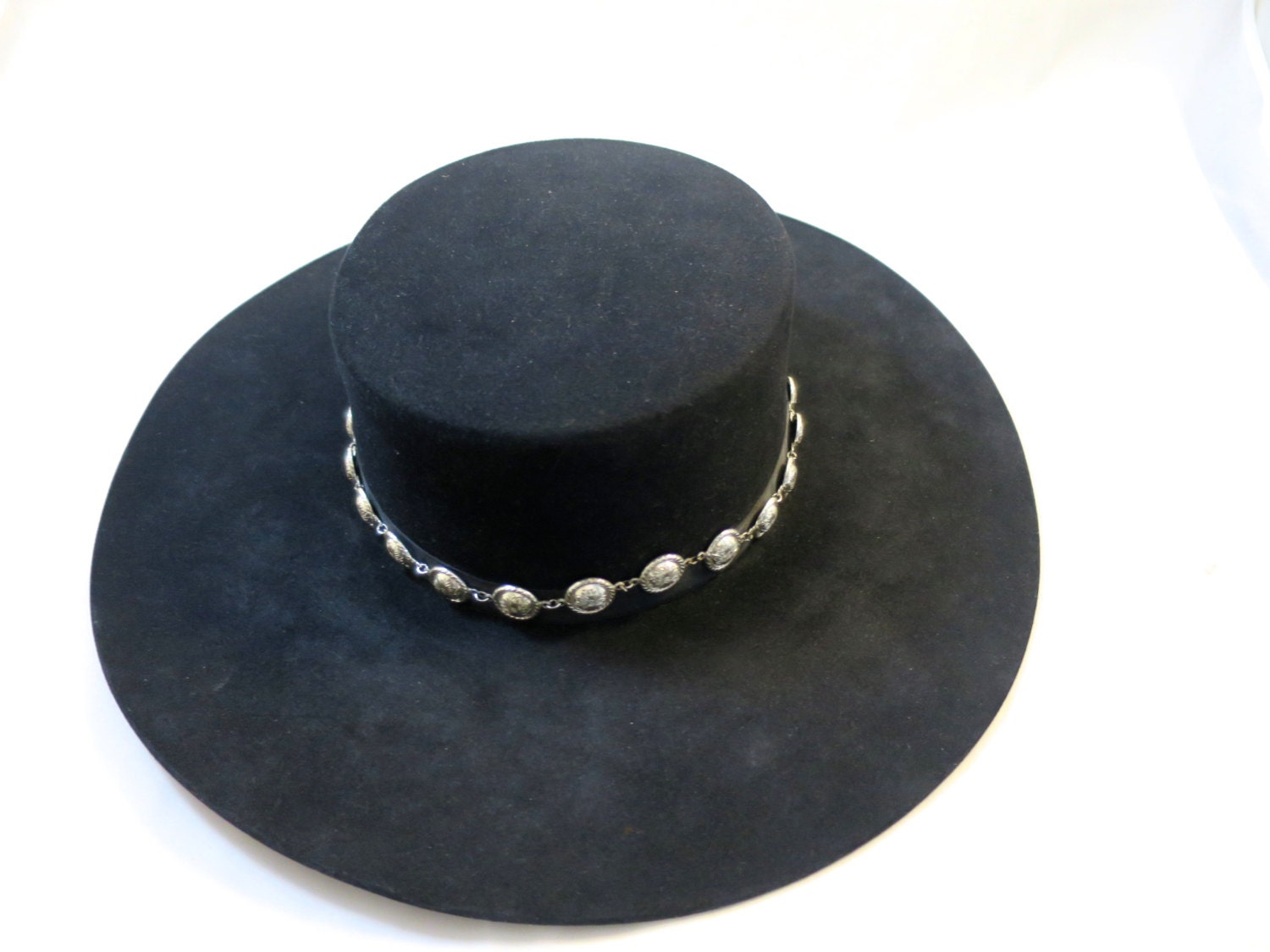 Vintage Western Hat Black Silver Concho Band 8X Beaver