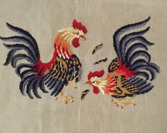Vintage Fighting Roosters Needlepoint Rug Kit (Pre-embroidered) design Madeira Creations By Reynolds