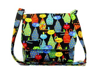 Cat Purse in Multi Color, Small Messenger Bag for Women, Fabric Crossbody Bag, Cloth Handbag, Cotton Pocketbook, Everyday Cross Body Purse