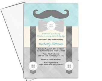 mustache baby shower invitation boys | little man baby shower invites suspenders | printable or printed - WLP00771