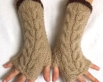Fingerless Gloves Cabled Wrist Warmers in Light Brown Warm