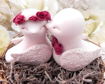 Rustic Love Bird Wedding Cake Topper - Burgundy and Ivory, Love Birds in Nest - Personalized Heart