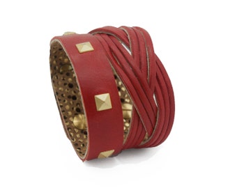 Red Leather Cuff Bracelet, Red Studded Bracelet - the Atena