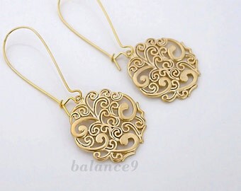 Gift gold earrings, dangle earrings, filigree disc drop spray pattern charm, long earring, bridesmaid wedding, everyday jewelry, by balance9