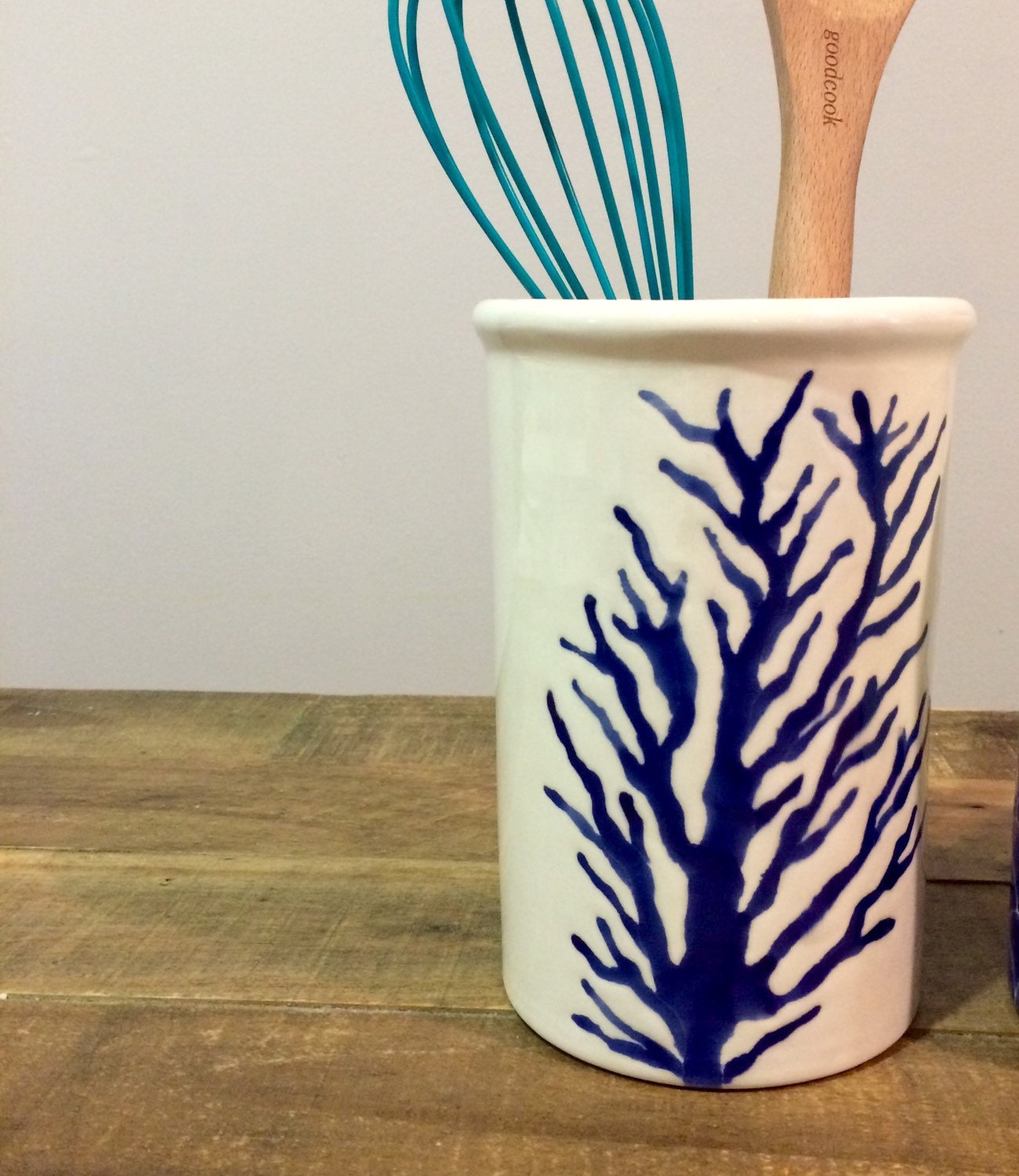 Utensil holder kithen decor nautical blue coral ceramic