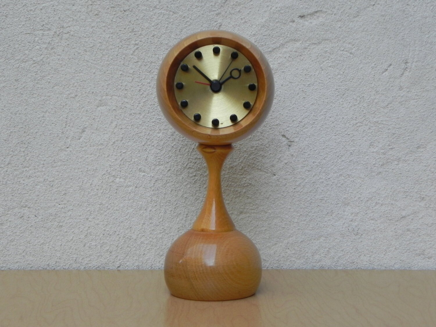 Modern Solid Wood Pedestal Round Alarm Clock New Old Stock