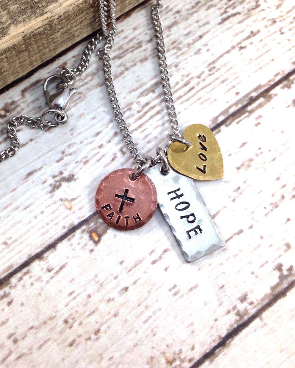 Faith Hope Love HandStamped Small Charm Necklace