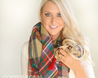 Sale!! Plaid blanket scarf with suede wrapped tassels oversized scarf