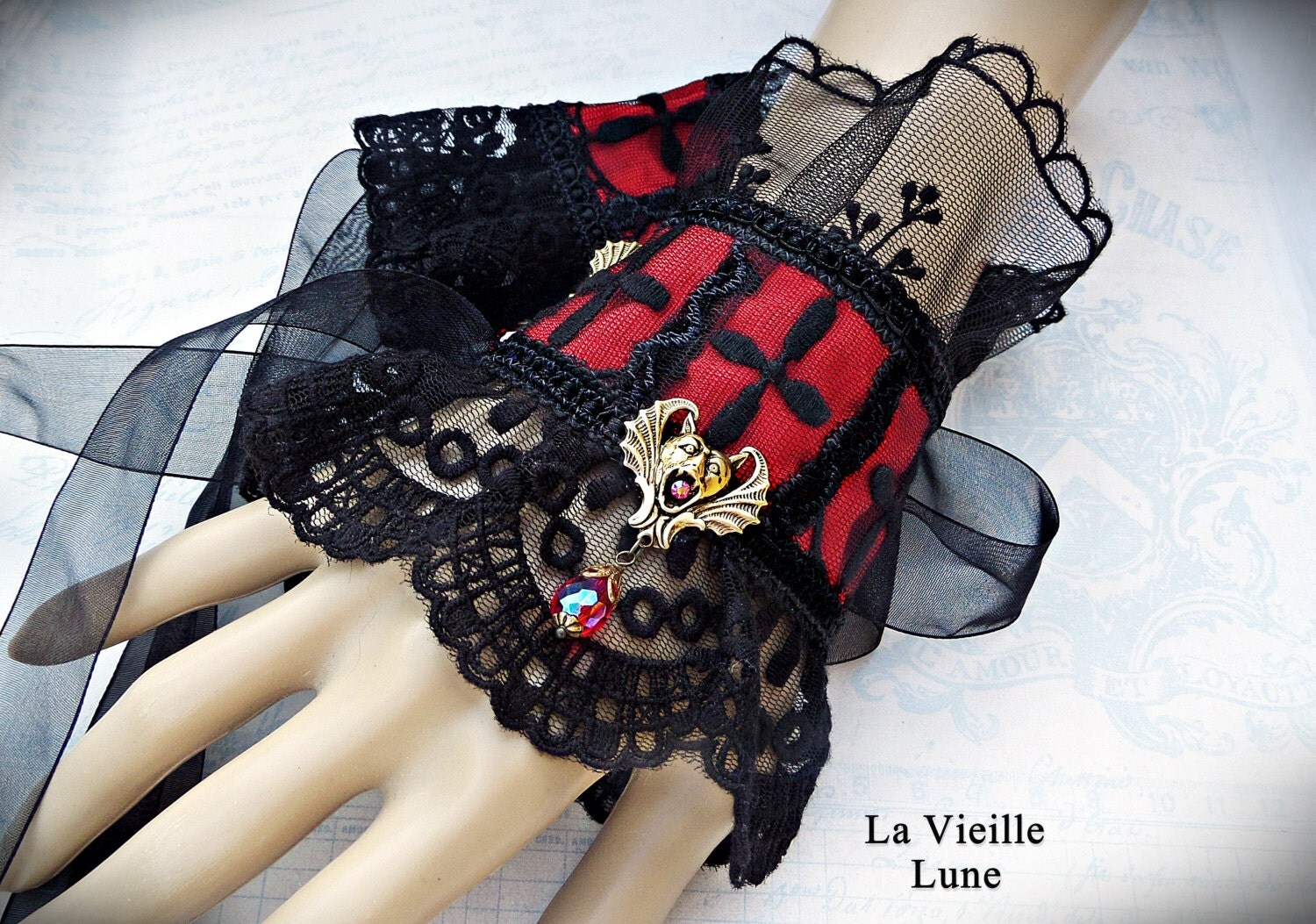 Black and Red Gothic Cuffs Black Lace Cuffs Victorian Cuffs