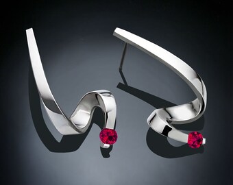 ruby earrings, silver earrings, red earrings, July birthstone, Argentium silver, artisan earrings, modern earrings, Chatham rubies - 2380