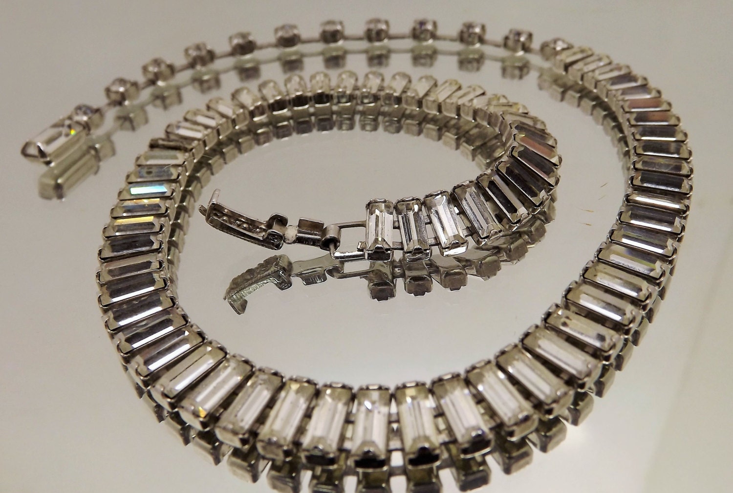 Vintage Clear Rhinestone Baguette Choker Necklace Wedding Prom