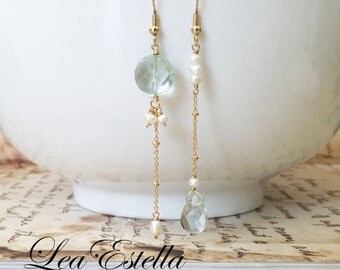 Blue gemstone earrings, Blue Asymmetrical earrings, Aquamarine earrings, Dainty pearl earrings, Blue quartz earrings - Pearls in the Water