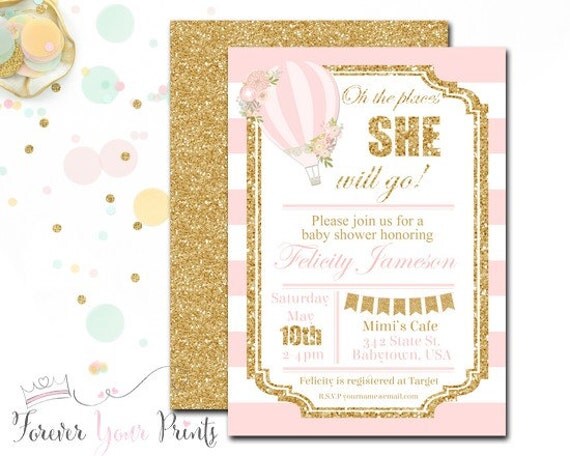 Girls Baby Shower Invitation, Hot Air Balloon Baby Shower Invitation, Up Up & Away Baby Shower Invitation, Balloon Shower, Pink + Gold Il_570xn