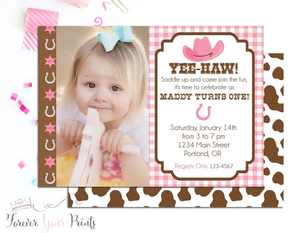 Cowgirl Birthday Invitation, Cowgirl Party Invite, Girls Photo Birthday Invitation, Cowgirl Invitation, Cowgirl Invite, Pink Gingham, Il_570xn