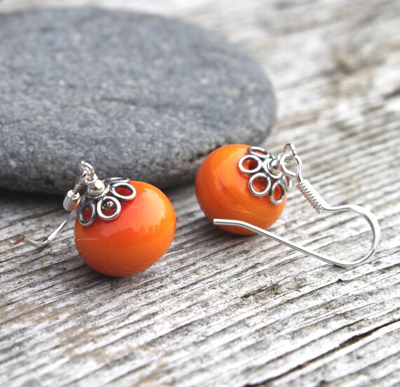 Orange Pumpkin Glass Bead Earrings Lampwork Jewelry Sterling