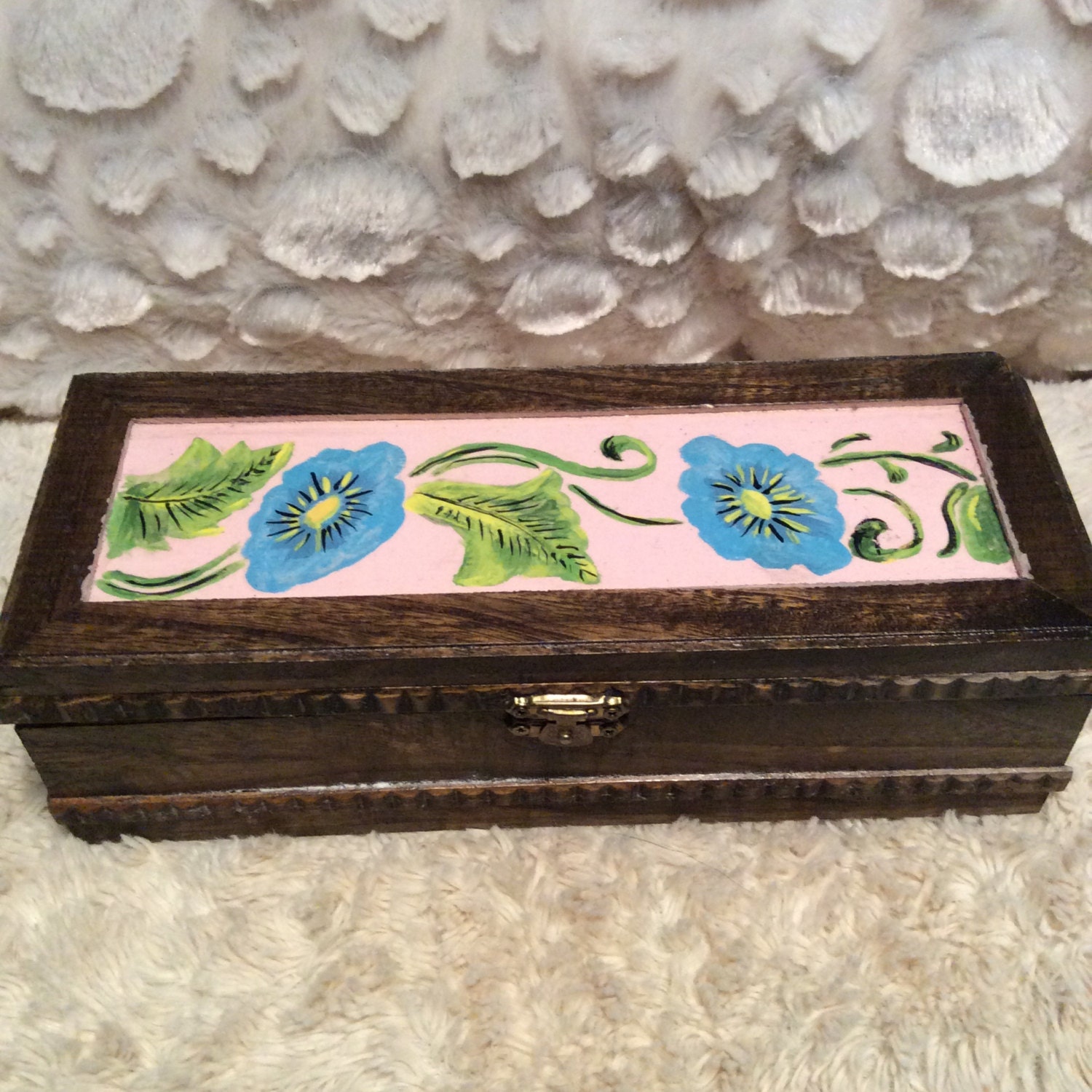 Vintage Hand Painted Jewelry Box Wooden Pink Flower Haute Juice
