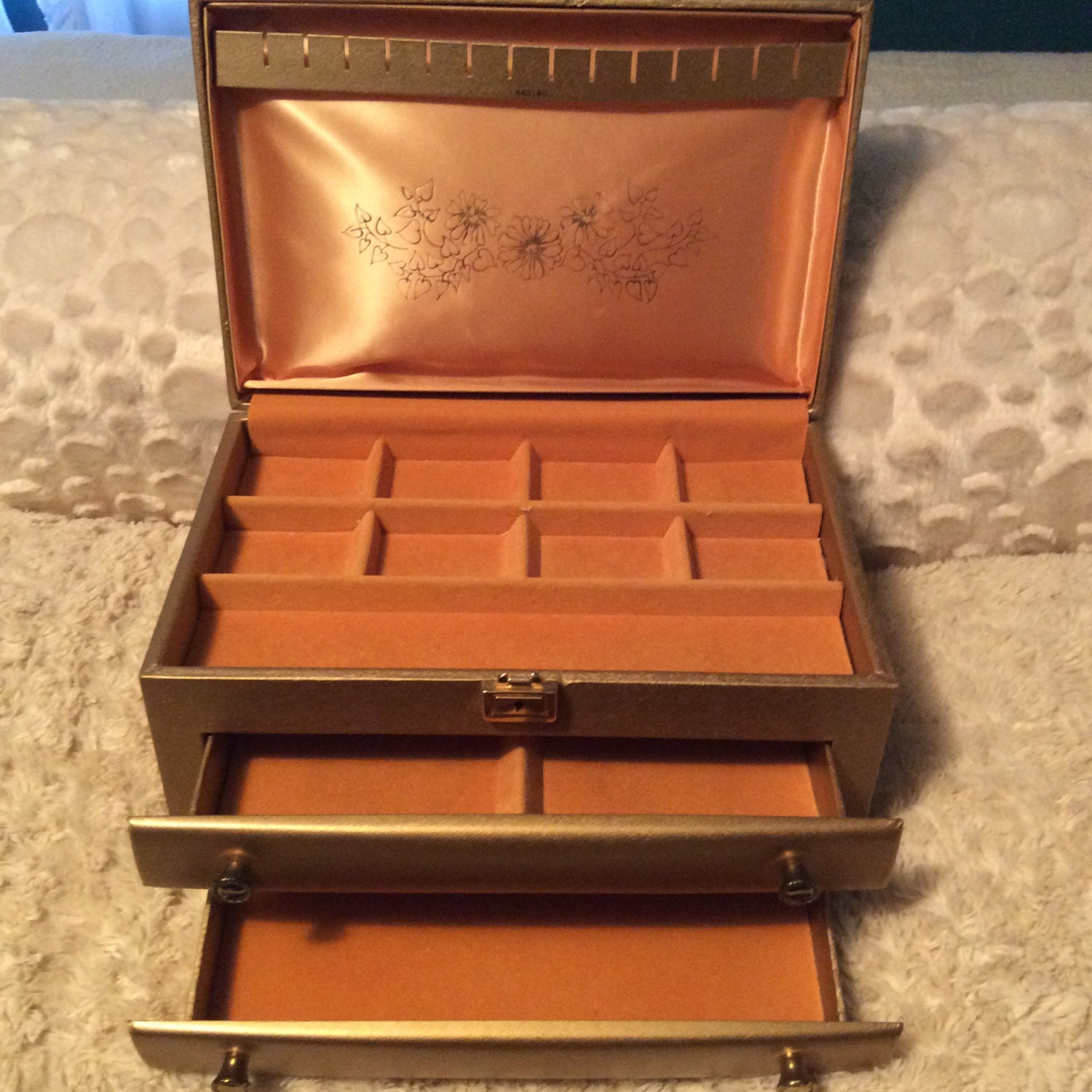 Vintage Large Gold Jewelry Box 3 Tier 2 Drawers Gold Flower Satin 1960s
