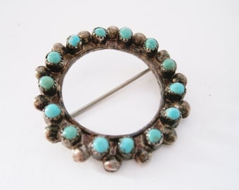 Southwestern Brooch, Vintage Turquoise Pin, Round Brooch, Silver and Turquoise, Native American Jewelry, Snake Eye