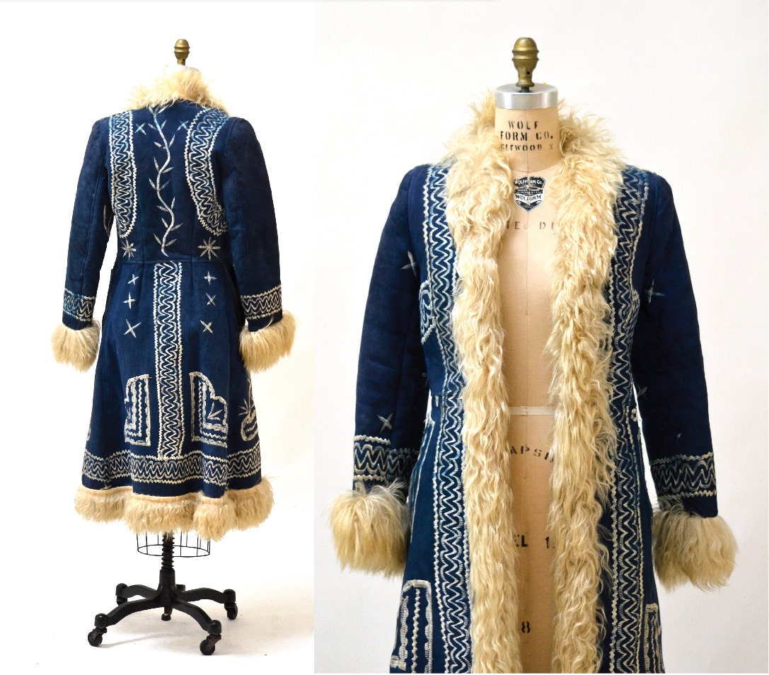 Vintage Embroidered Shearling Afghan Jacket Coat XS Small//
