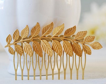 Gold Leaf Hair Comb. Bridal Hair Comb, Leaf Headpiece, Wedding Hair Accessory, Woodland Hair Accessory, Gold Brass Leaf Branch Hair Comb