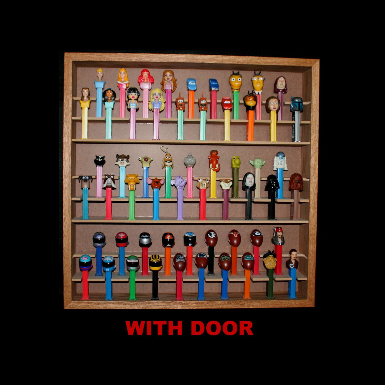PEZ dispenser display case holds 57 with door Free continental