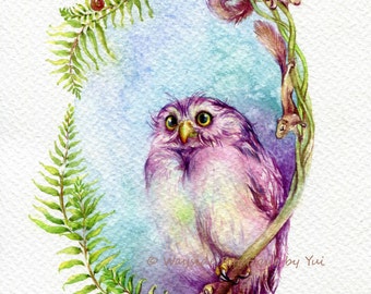 Spring owl and friends - ORIGINAL watercolor painting 7.5x11 inches