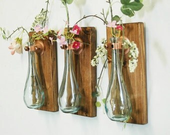 Teardrop Bottles Trio (3) Wall Decor each mounted on wood base for unique rustic bedroom decor kitchen decor