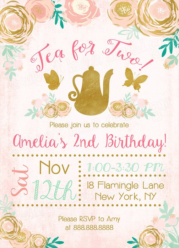 Tea for two Birthday Invitation // Floral Birthday Invite