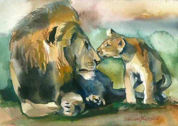 Original Watercolor Painting Lion Father Son Cub Safari Wild