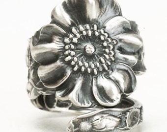 Sterling Silver Rose Spoon Ring in 925, Statement Piece for Mom, Wild Rose Flower Jewelry with an Adjustable Ring Size, Manchester (5900)