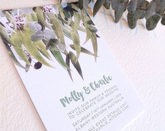 Letterpress invitation, SAMPLE, wedding, engagement, save the date, australian gum tree, eucalyptus leaves, digital image letterpress text