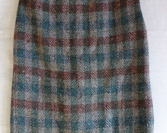 Paul Costelloe Chunky Irish Plaid Tweed 100% Wool Pencil Skirt xs