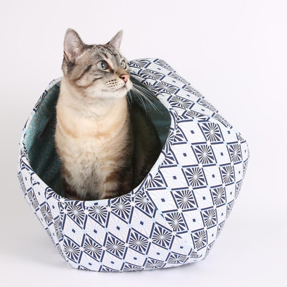 The Cat Ball Cat Bed in Blue and White Diamond by TheCatBall