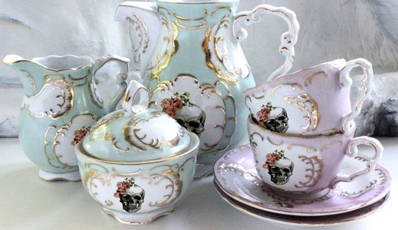 Mismatched Pastel Skull Tea Set, Pink, Blue, Green, and Gold Customized ...