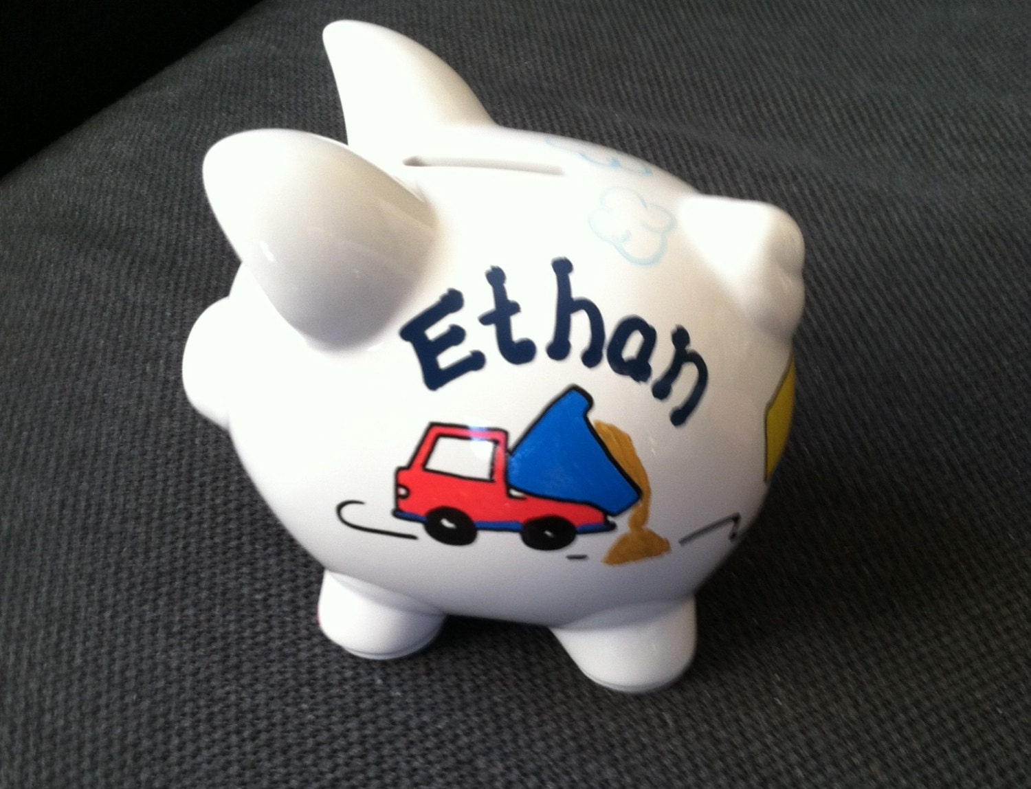 Personalized Ceramic Piggy Bank Large Trucks Design Boy Baby