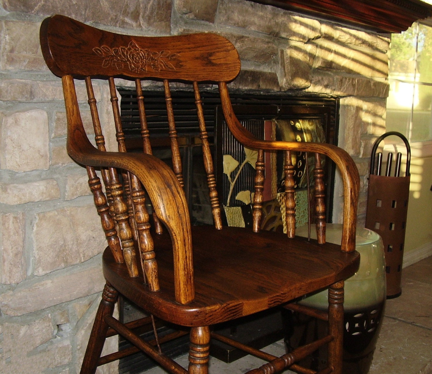 Antique Oak Chair Vintage Wood Captain Chair Spindle Back