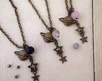 Celestial Gemstone Charm Necklace, Space Necklace, Space Jewellery, Celestial Pendant, Planet Jewellery, Gemstone Necklace, Planet Necklace