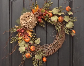 Fall Wreath Autumn Wreath Green Berry Grapevine Door Wreath Decor Monogrammed Decoration "Pumpkin Vines"