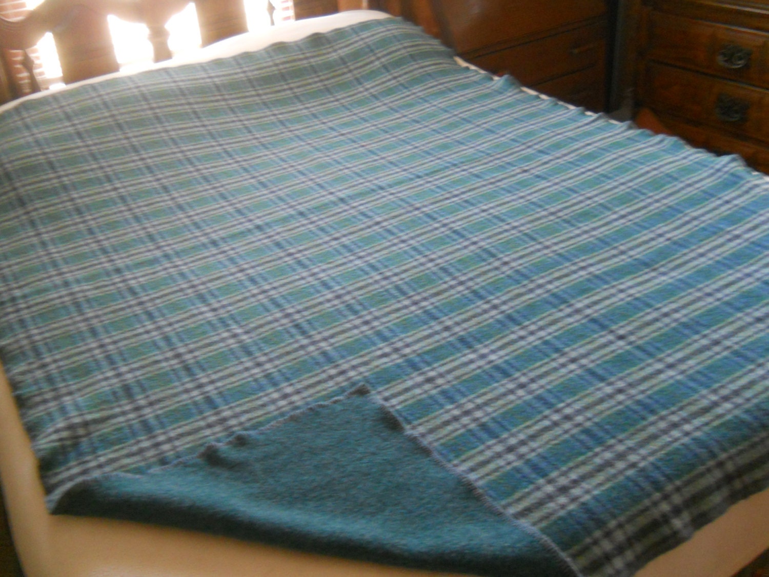 Beautiful Vintage Blue Green & Gray Plaid Wool Blanket/Throw