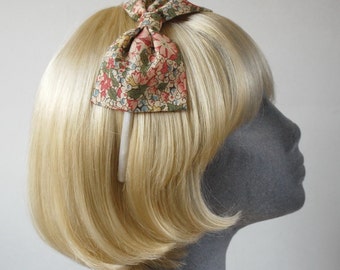 Beige Headband, Beige Bow Headband, Beige-Pink Floral Bow Headband, Beige Bow Aliceband, Beige Floral Hair Bow, Bow Hair Accessory