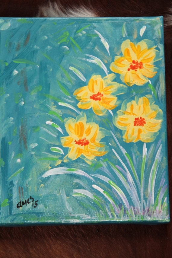 Original Acrylic Painting of flowers, 10 x 8", yellow with blue background