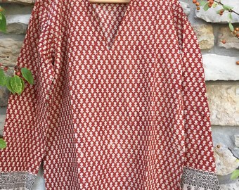 Spicy terracotta and black block print cotton tunic, hand print natural fiber tunic with small leaves print, indian tunic, swim wear