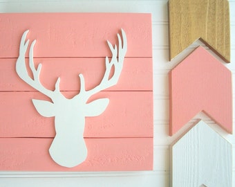 Baby Girl Woodland Nursery Set . Woodlands Fawn . Deer Head . Antler Nursery . Arrows . Coral Nursery . Boho Nursery . Baby Girl . Fawn