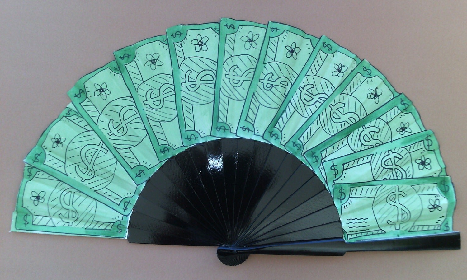 Money Dollar Wooden Hand Fan 32cm Handheld Wood Fabric Folding
