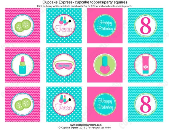 Girls Spa Birthday Party PRINTABLE Cupcake Toppers pedi manicure facials pink teal lime green ...