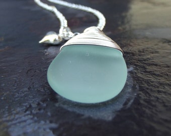 Aqua Drop Necklace: Seafoam Green Sea Glass Necklace, Ocean Surf Jewelry, Beach Pendant Necklace, Long Silver Chain Necklace