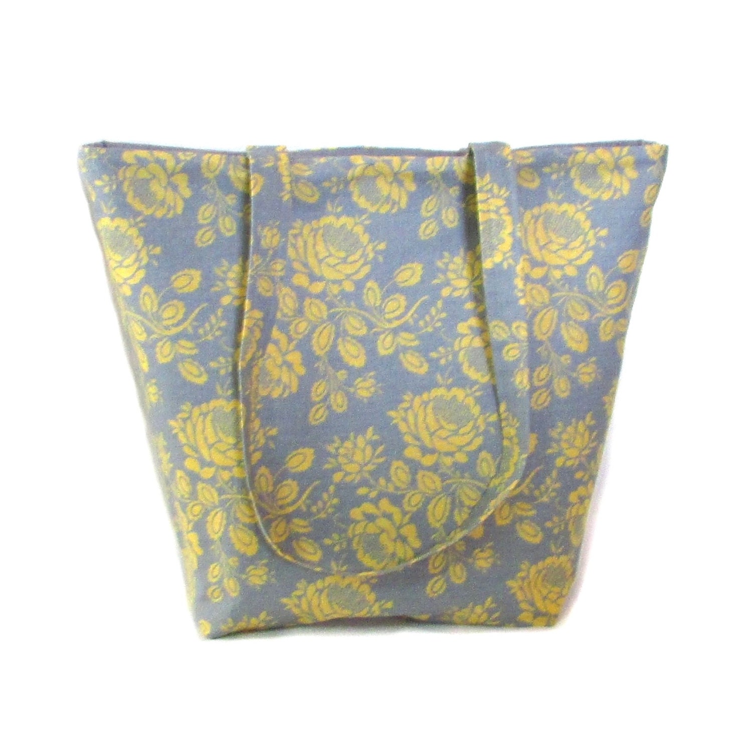 Gray Floral Tote Bag Yellow Flowers Cloth Purse Fabric Bag