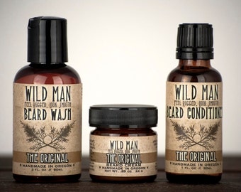 Mens Grooming Kit - Wild Man Beard Gift Set - Three Pack - Beard Oil Conditioner, Beard Wash and Beard Cream