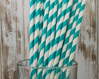100 Dark Aqua barber striped paper drinking straws - biodegradable with FREE Blank Paper Flags. See also - "Personalized" flags option.