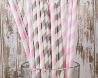 50 pink & grey mixed combo barber striped paper drinking straws , FREE DIY Flags. See also - "Personalized" flags option.